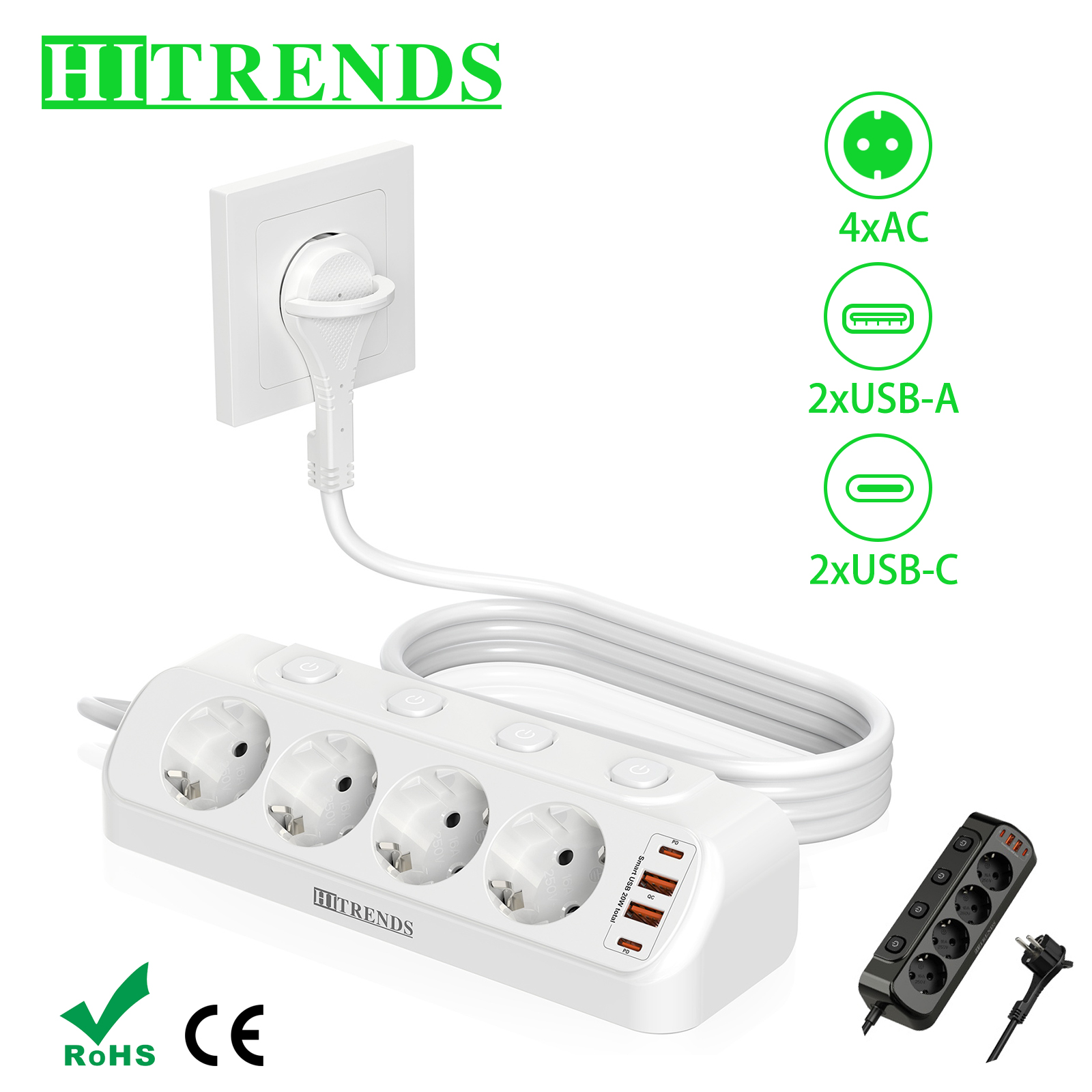 Smart Power Strip - 유럽 데스크탑 소켓 멀티 콘택트 멀티탭,